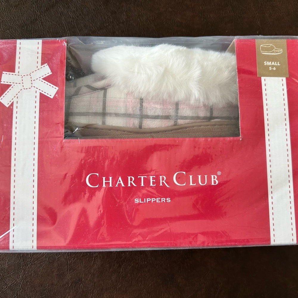 Charter Club Pink and Cream Slippers with Faux Fur